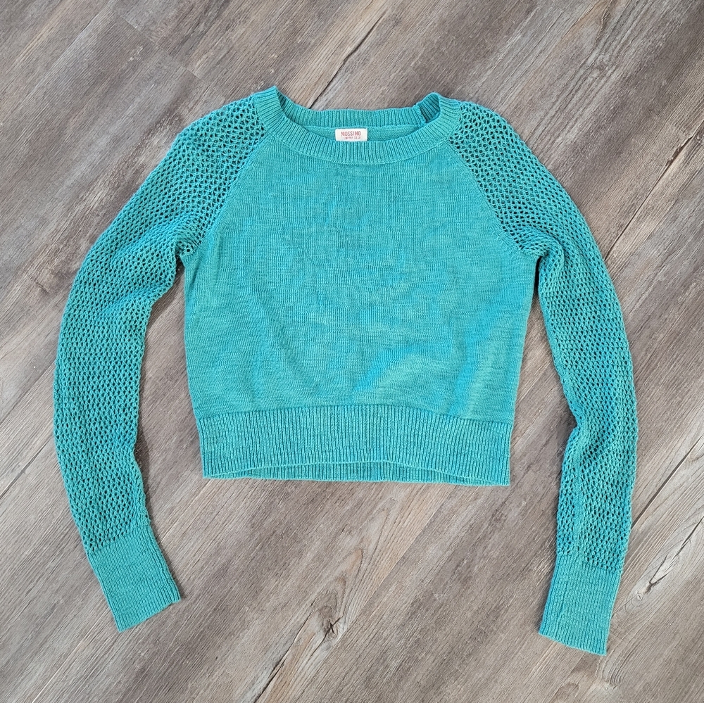 Mesh Sleeve Cropped Teal Sweater Size Small Grunge Vibes Gamergirl Aesthetic